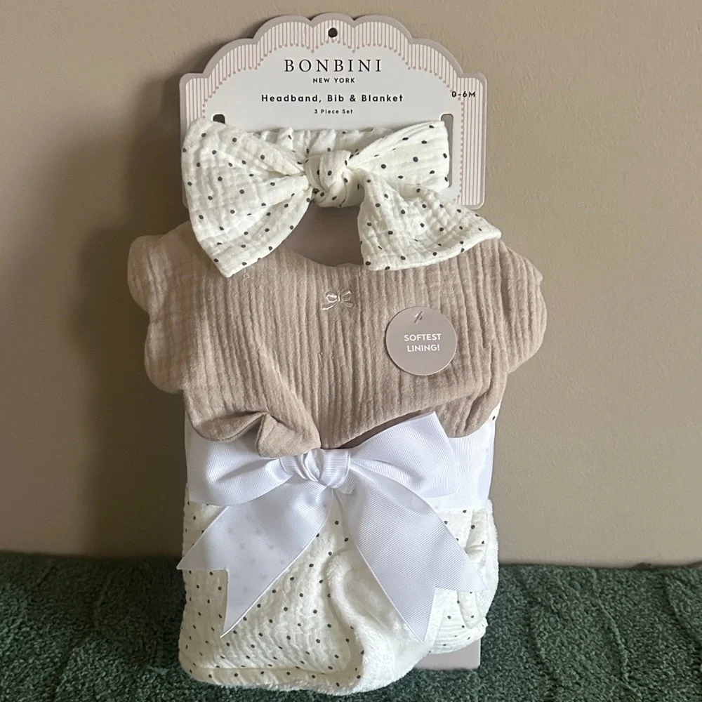 Bobini Baby Headband Bib & Blanket Ivory Beige Polk a Dot Set NEW!